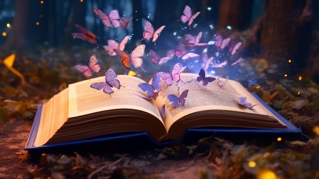 Open magic book with growing lights magic powder butterflies Magic book of elves in the fairy forest