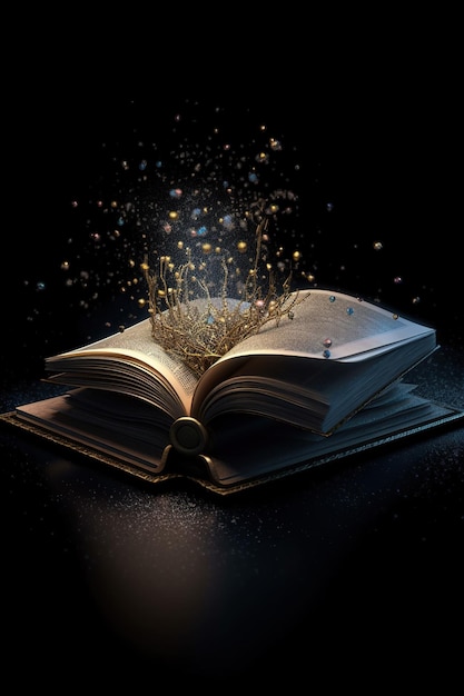 Open magic book with planets and galaxies levitation