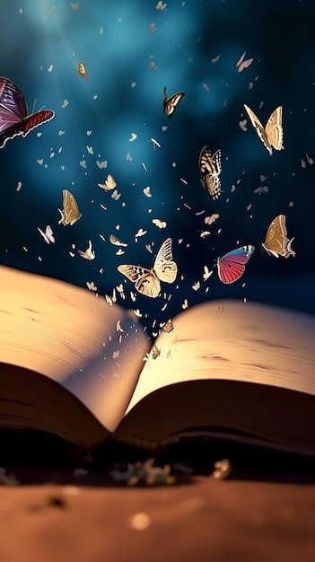 An open magic book with which butterflies fly out 8K