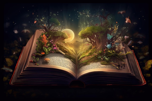 Open magical book with fantasy landscape over pages Created with Generative AI