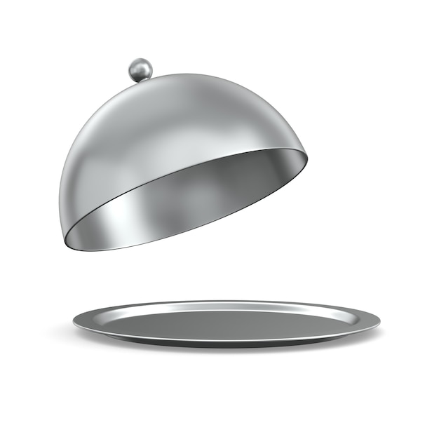 Open metallic cloche on white background. Isolated 3d illustration