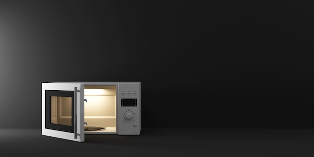 Open Microwave oven near the wall on black studio background