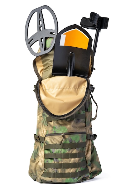 Open military backpack of khaki color on a white background