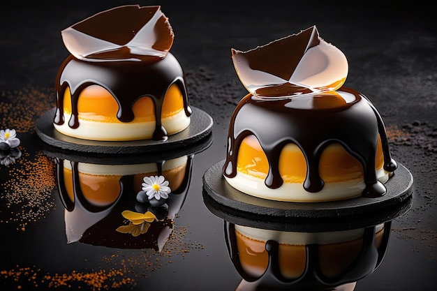 Open mousse cakes with beautiful cream filling and syrup on dark background created with generative