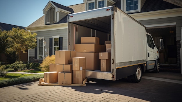 An open moving truck filled with cardboard boxes in the driveway of a suburban house