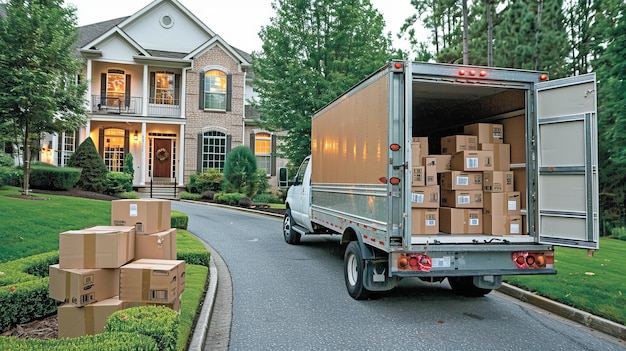 Open moving truck filled with stacks of cardboard boxes parked in the driveway of a suburban house