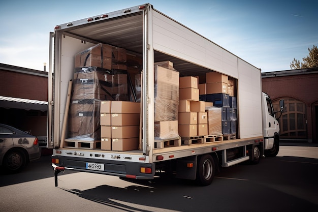 Open moving vehicle Cardboard boxes with household items being loaded into truck for transportation Carton boxes on pallet at moving day Moving and relocation concept Cargo delivery services