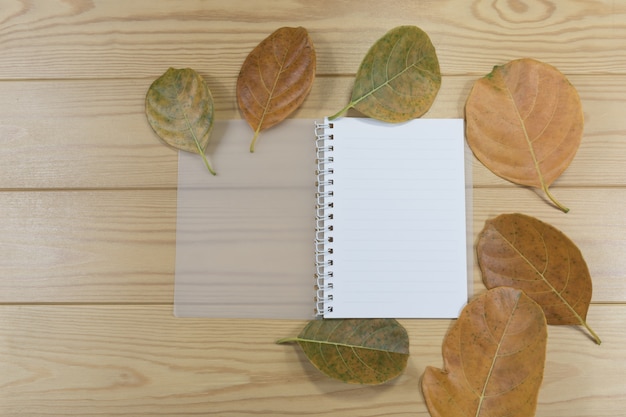 Open note book and brown leafs on wooden table.