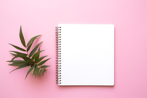 Open Notebook and Plant on Pink Background