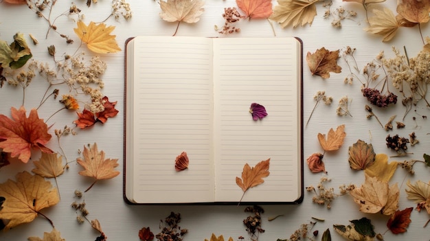 Photo open notebook surrounded by autumn leaves on pink background