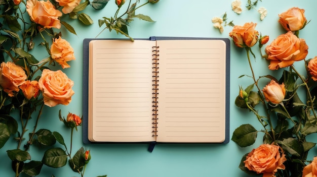 Photo open notebook surrounded by peach roses on a blue background