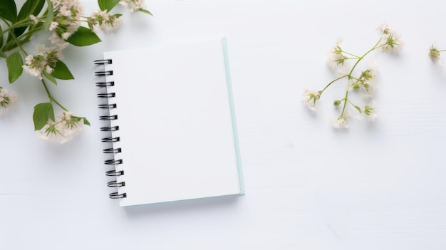 An open notebook surrounded by white flowers on a white background