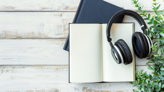 Open notebook with black headphones resting on it beside greenery on a rustic wooden surface blending technology and nature for creative inspiration