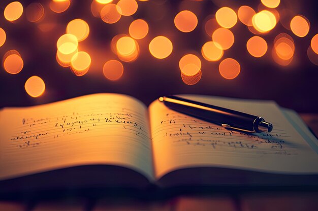 Photo an open notebook with handwritten notes and a pen against a bokeh background