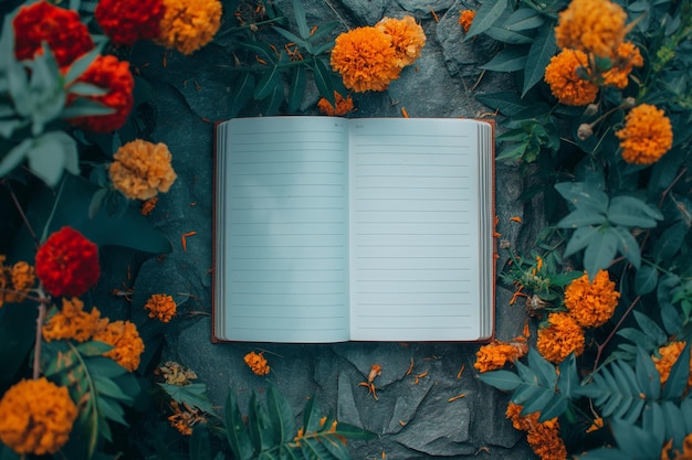 Open Notebook with Lined Pages Surrounded by Vibrant Orange Flowers in Natural Setting