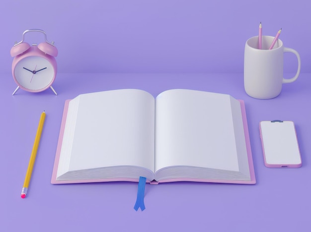 An open notebook with a pencil alarm clock mug and smartphone on a purple background