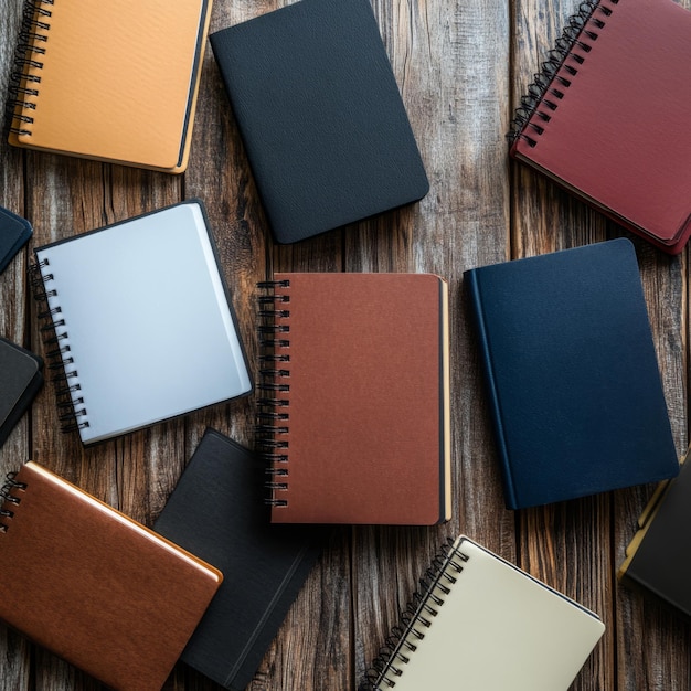 Photo open notebooks on wooden desk top view editorial photography