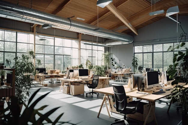 An open office with desks and computers and plants