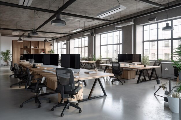 An open office with a lot of desks and chairs.