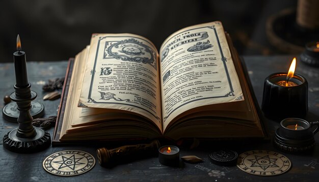 Photo open old book with magic spells runes black candles on witch table occult esoteric divination