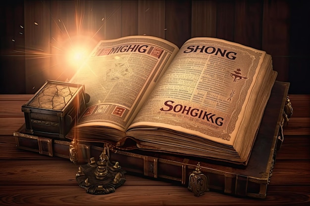 Open an old book on a wooden background 3d render illustration Shining Holy book Ancient Book banner AI Generated