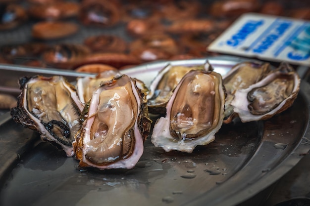 Open oysters at one of the fish stall that you can find at the fish market in Catania. Italy.