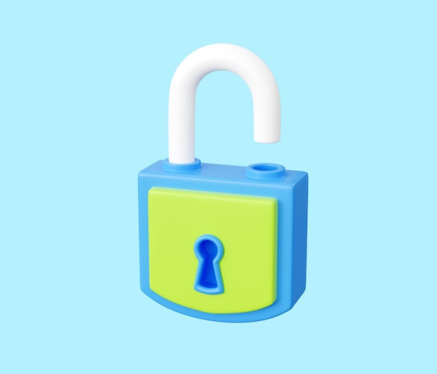 Open padlock 3d render illustration Blue and green lock with keyhole