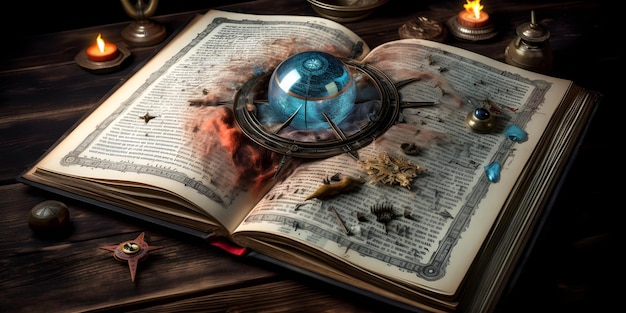 Open pages of old magic book Astrology zodiac esoteric concept Generative AI