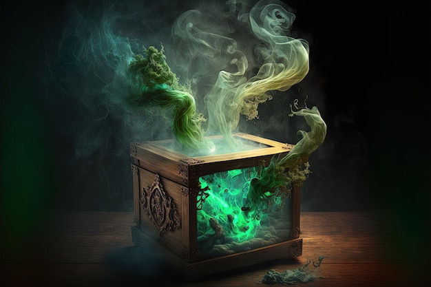 Open pandora's box with green smoke on a wooden background Digital illustration AI