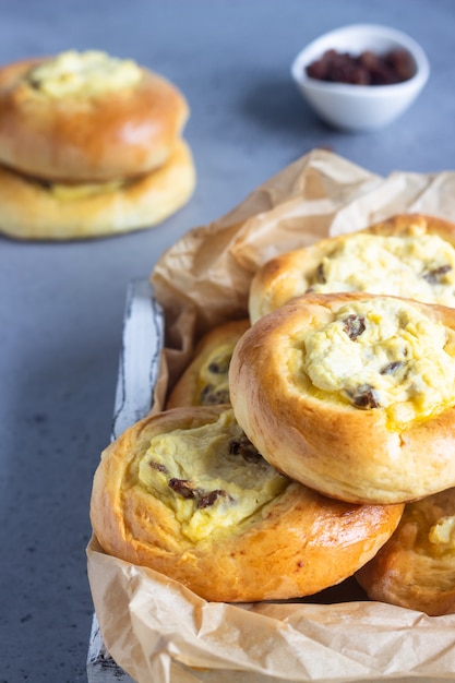 Open patties (buns) with cottage cheese and raisins.