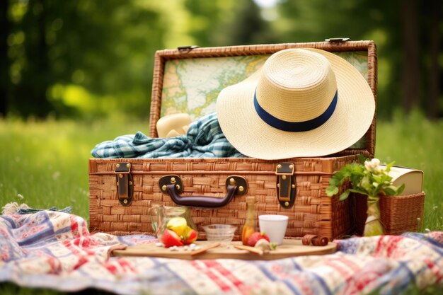 Open picnic basket with straw hat camera and map for an adventure