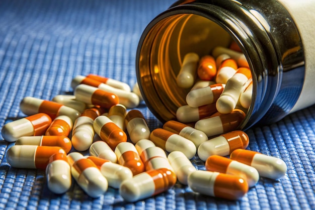 An open pill bottle spilling out white and orange capsules onto a surface symbolizing the availabil