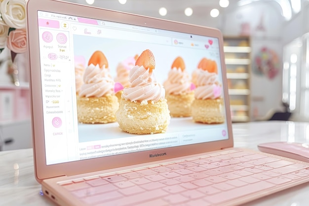 Photo open pink laptop displaying food blog with strawberry cupcakes set in a charming bakery kitchen