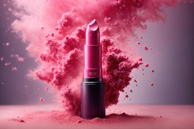 Open pink lipstick surrounded by colored red dust dry ai generative