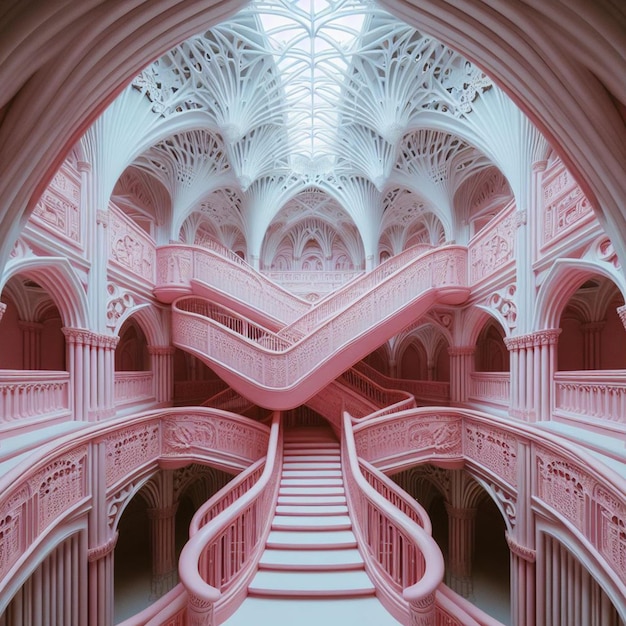 OPEN PINK ROOM WITH A BEAUTIFUL AND GIGANTIC STAIRCASE