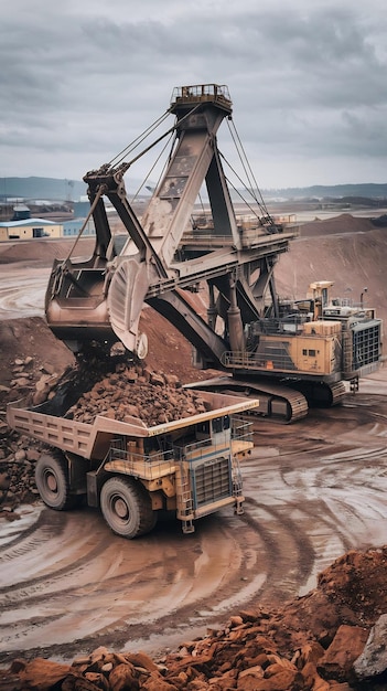 Open pit manganese mining excavator digging out ore rich rock and loading it onto rock dump truck