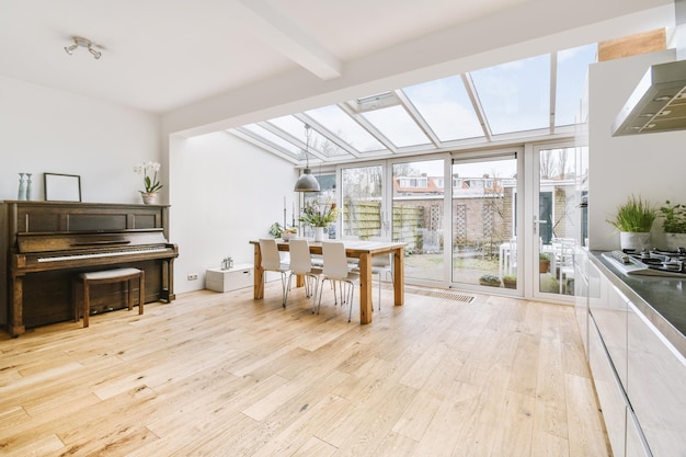 Open plan of kitchen with dining area