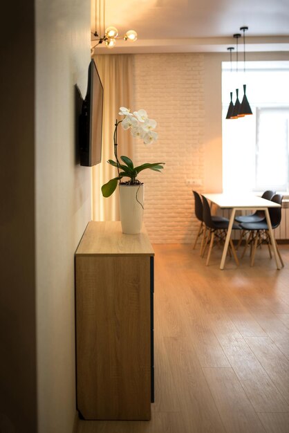 Open plan living room and kitchen interior with white cabinets table and chairs