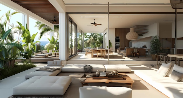 open plan living room and patio with glass doors