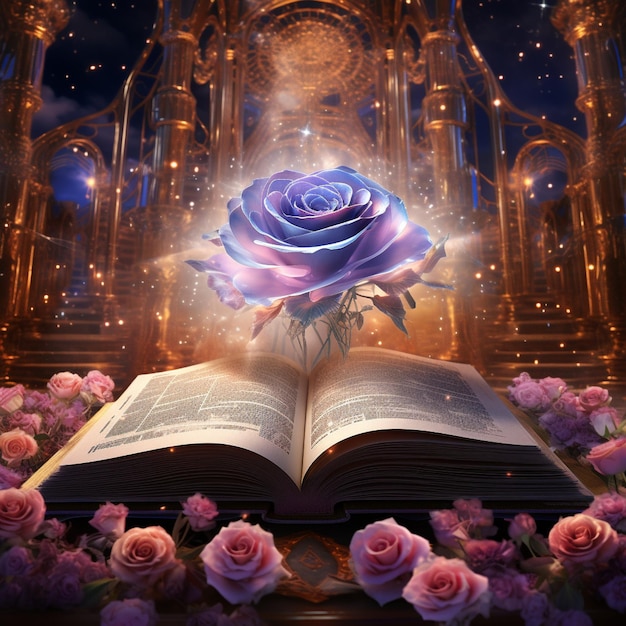 Open Prayer Book with Adorned Designs and Floating Rose in Ethereal Space