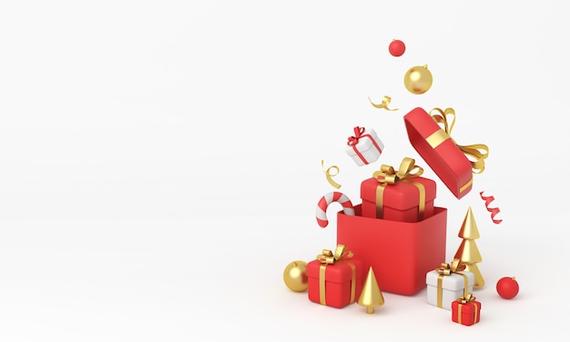 Open red gift box full of decorative festive object. Copy space, 3d rendering