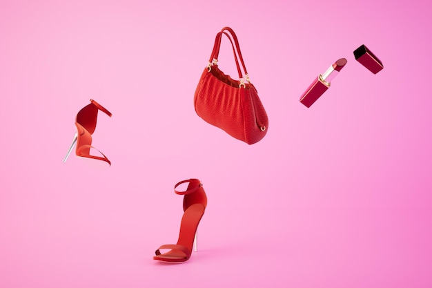 Open red lipstick red handbag and red heeled shoes on a pastel background 3D render