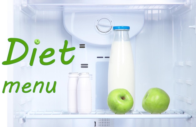 Open refrigerator with diet food