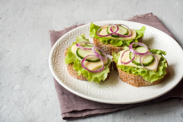 Open sandwiches with cheese, cucumbers and onions on wheat bread. Selective focus.