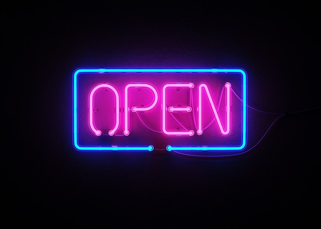 Open Sign Neon on wall 3d rendering