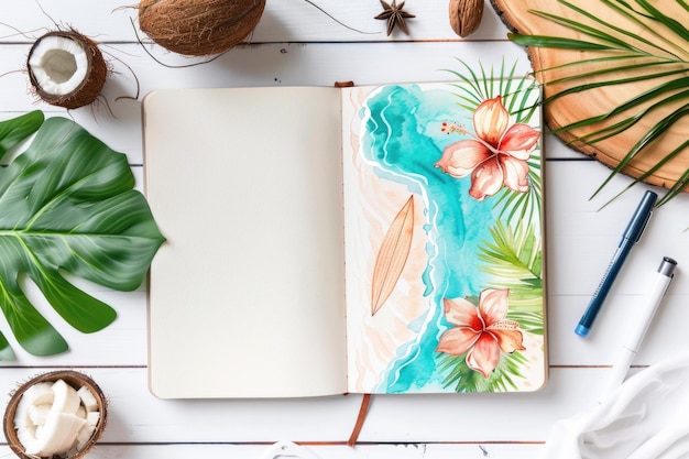 Photo open sketchbook with watercolor beach scene palm trees surfboard and hibiscus flower surrounded by coconut and pens creating a tropical vibe