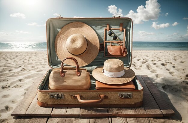 an open straw travel suitcase containing a straw hat a straw handbag and straw sunglasses