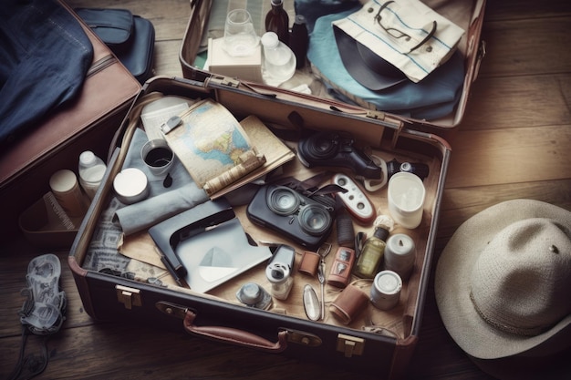 Open suitcase filled with essentials for an unforgettable trip Created with generative AI technology