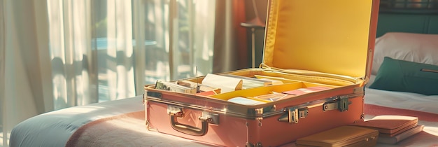 Open suitcase filled with souvenirs and travel essentials