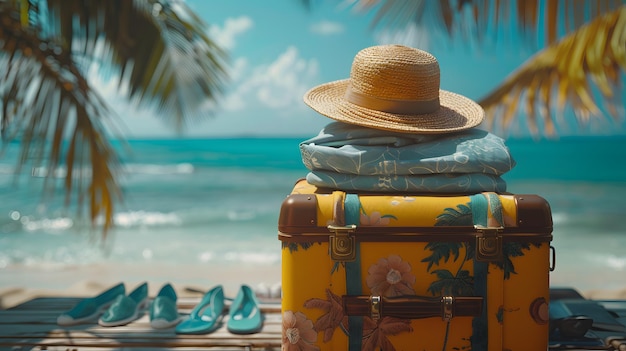 Open suitcase filled with stylish clothes beach backdrop tropical vacation fedora hat colorful summe